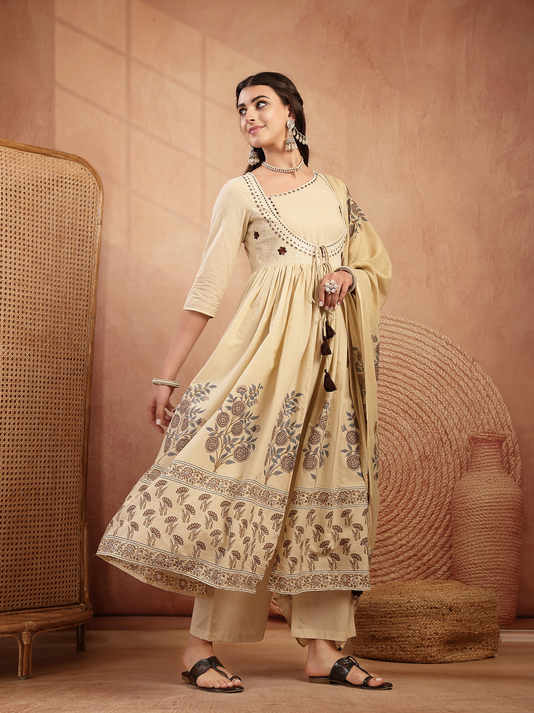 Cotton Calf Length Printed 3/4 Sleeves Round Neck Flared Kurta Suit Set