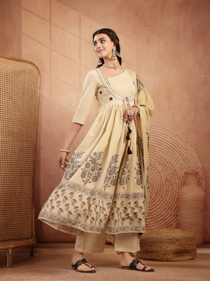 Cotton Calf Length Printed 3/4 Sleeves Round Neck Flared Kurta Suit Set