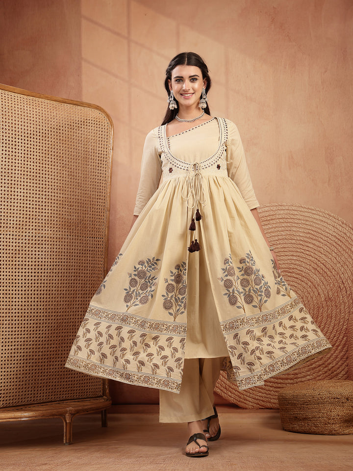 Cotton Calf Length Printed 3/4 Sleeves Round Neck Flared Kurta Suit Set