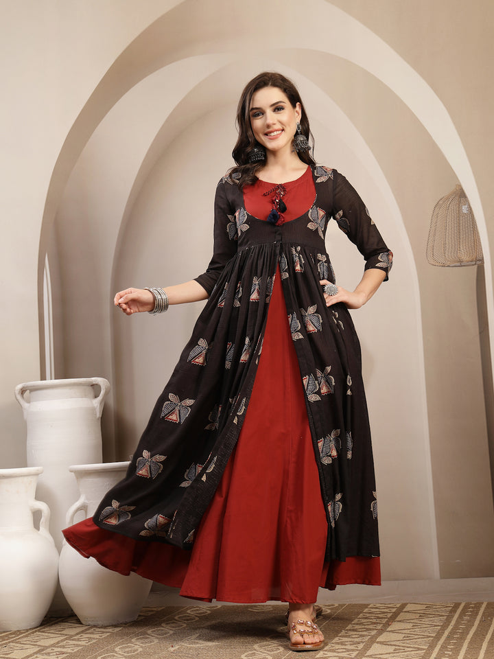 Cotton Calf Length Printed 3/4 Sleeve Round Neck Flared Kurta