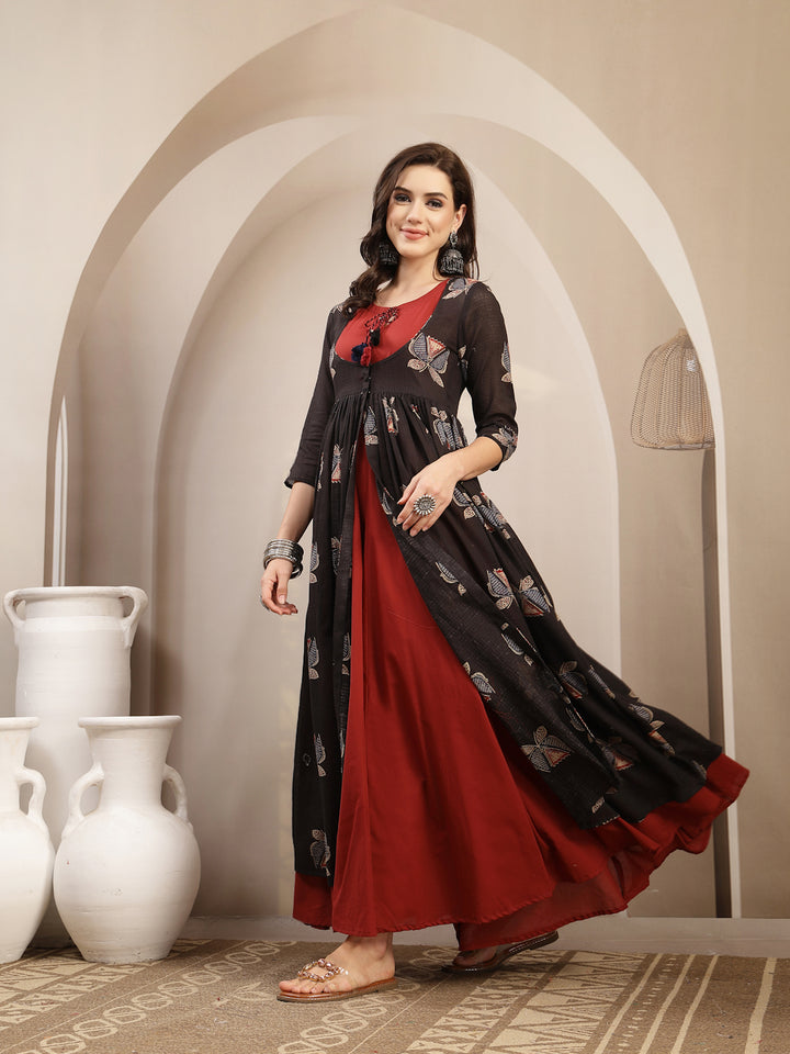 Cotton Calf Length Printed 3/4 Sleeve Round Neck Flared Kurta
