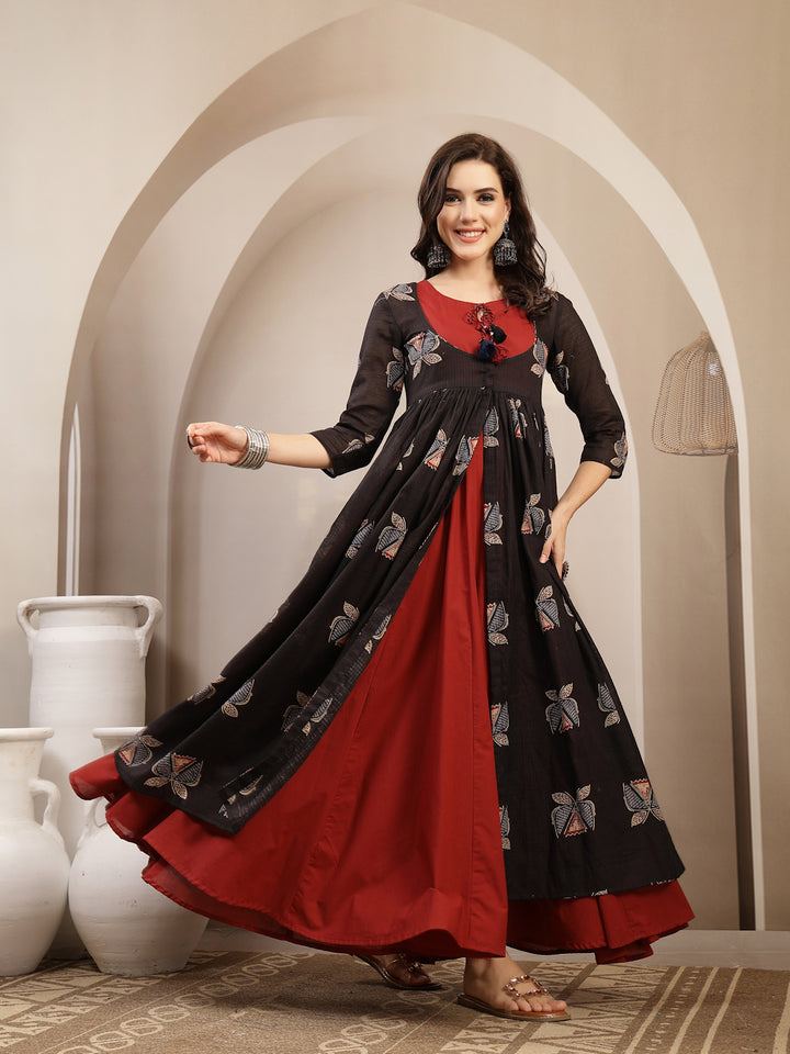 Cotton Calf Length Printed 3/4 Sleeve Round Neck Flared Kurta