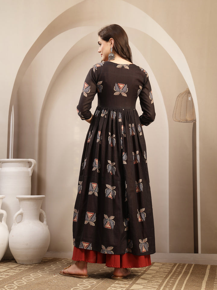 Cotton Calf Length Printed 3/4 Sleeve Round Neck Flared Kurta
