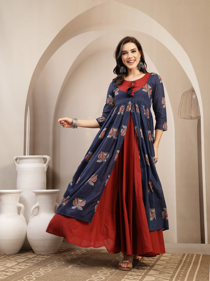 Cotton Calf Length Printed 3/4 Sleeve Round Neck Flared Kurta