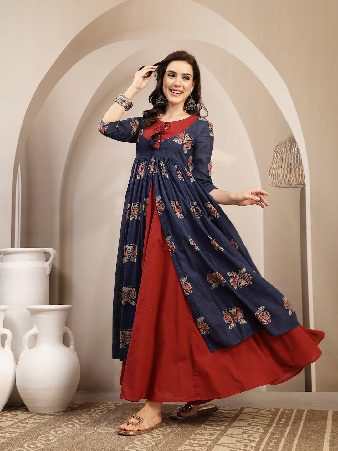 Cotton Calf Length Printed 3/4 Sleeve Round Neck Flared Kurta