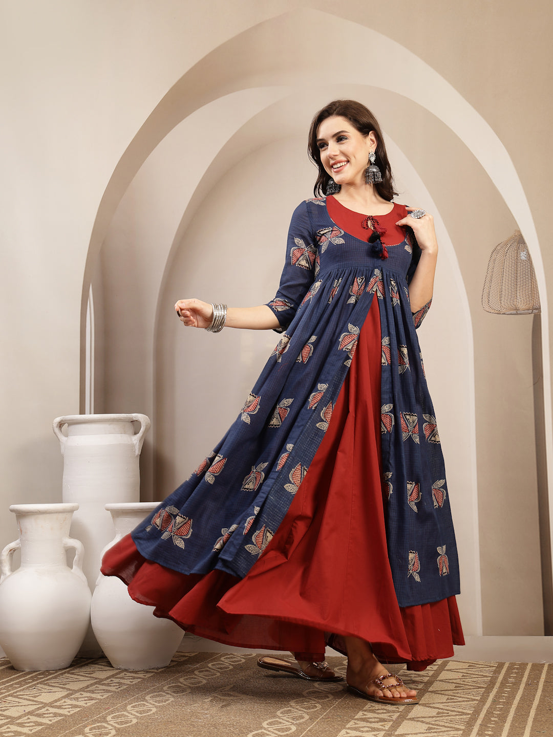 Cotton Calf Length Printed 3/4 Sleeve Round Neck Flared Kurta