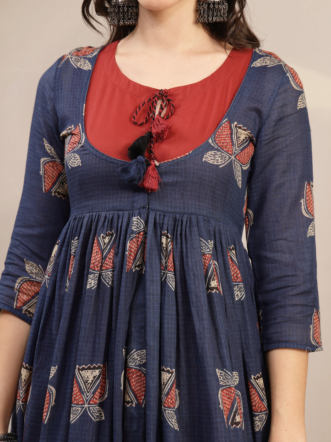 Cotton Calf Length Printed 3/4 Sleeve Round Neck Flared Kurta