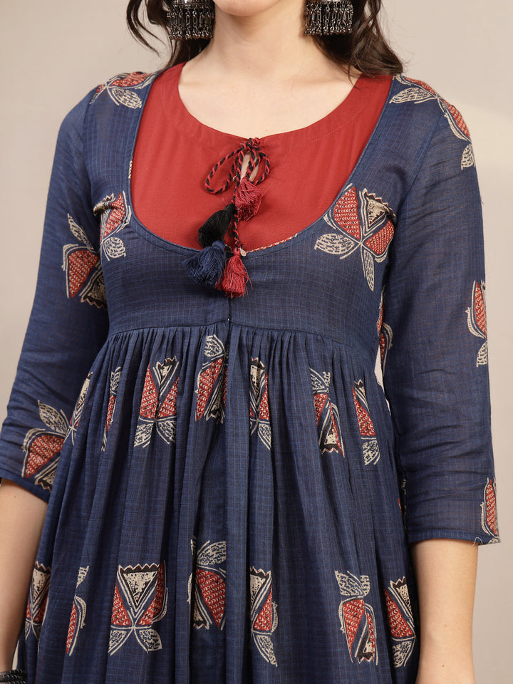 Cotton Calf Length Printed 3/4 Sleeve Round Neck Flared Kurta