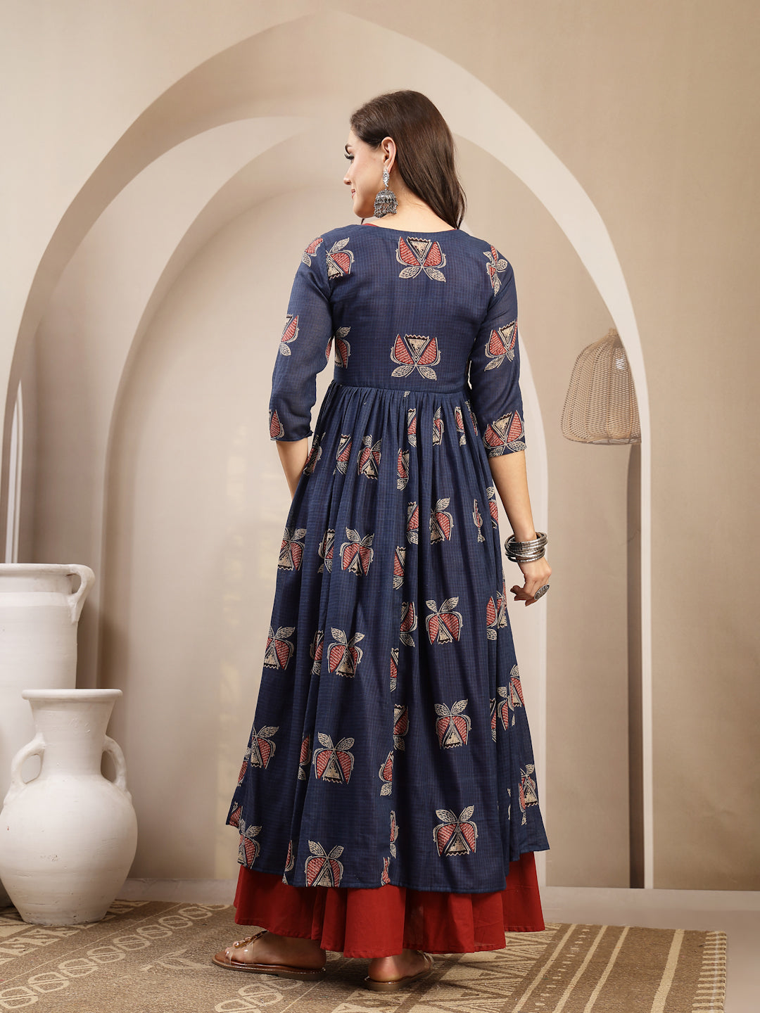 Cotton Calf Length Printed 3/4 Sleeve Round Neck Flared Kurta