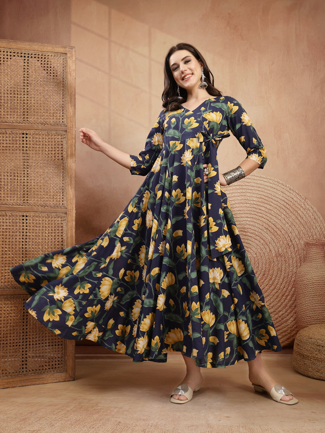 Cotton Calf Length Printed 3/4 Sleeve V-Neck Flared Kurta