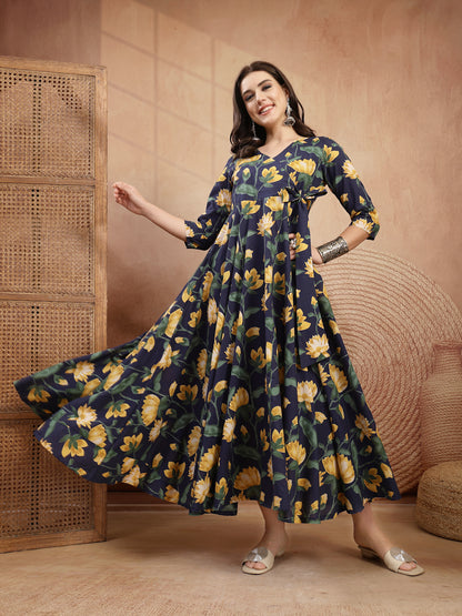 Cotton Calf Length Printed 3/4 Sleeve V-Neck Flared Kurta