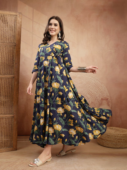 Cotton Calf Length Printed 3/4 Sleeve V-Neck Flared Kurta