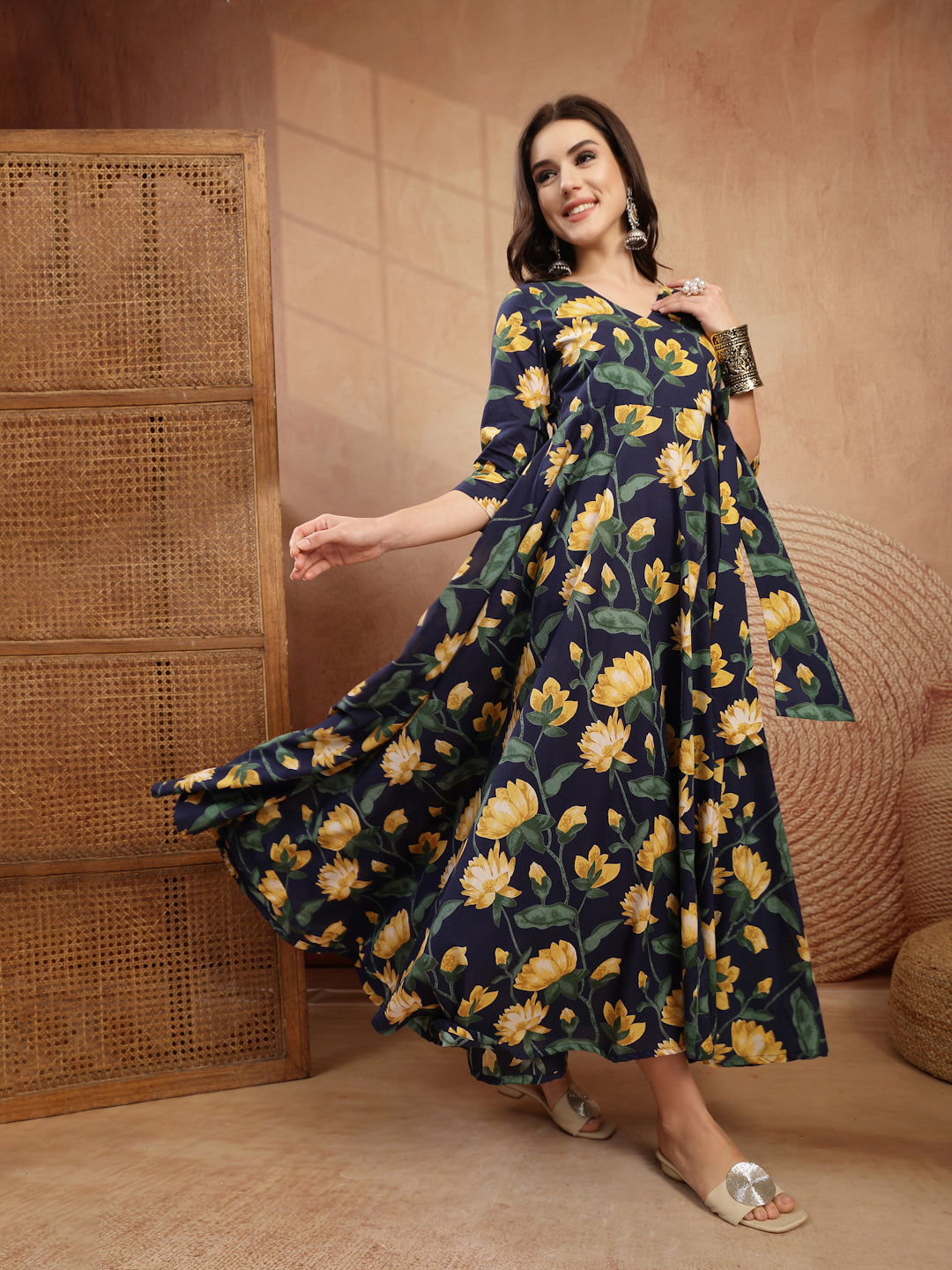 Cotton Calf Length Printed 3/4 Sleeve V-Neck Flared Kurta