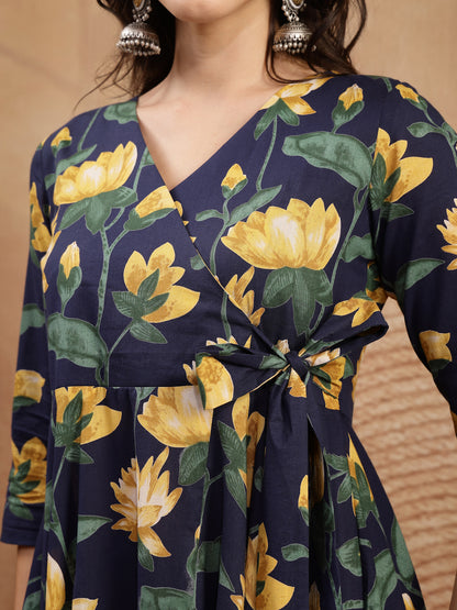 Cotton Calf Length Printed 3/4 Sleeve V-Neck Flared Kurta