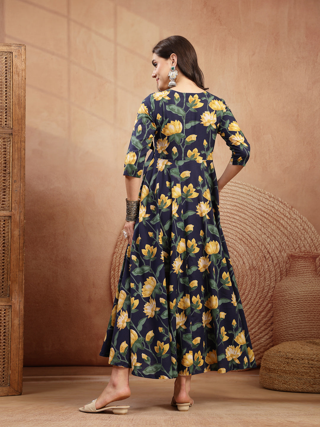 Cotton Calf Length Printed 3/4 Sleeve V-Neck Flared Kurta