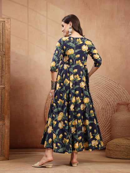 Cotton Calf Length Printed 3/4 Sleeve V-Neck Flared Kurta