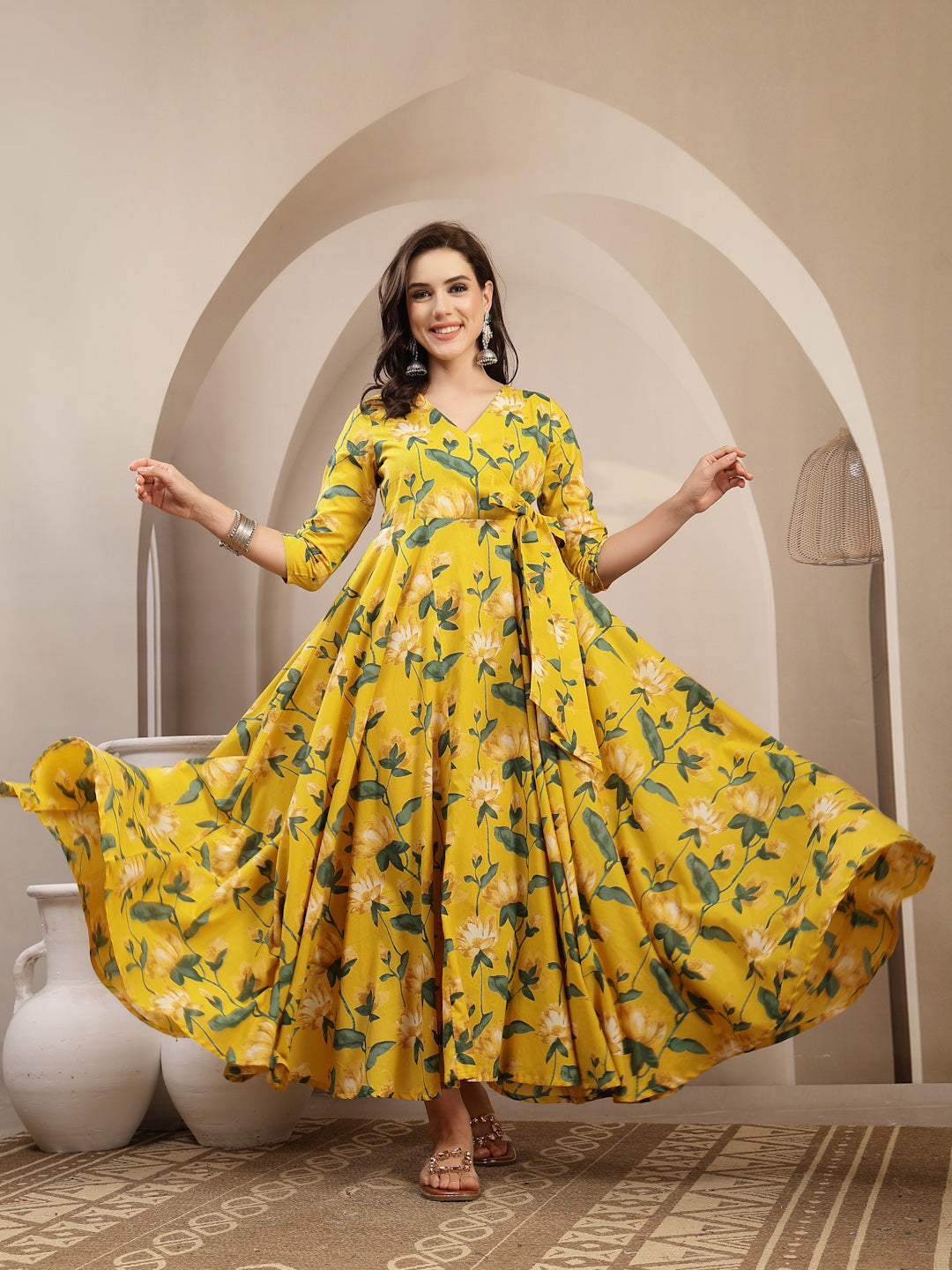 Cotton Calf Length Printed 3/4 Sleeve V-Neck Flared Kurta