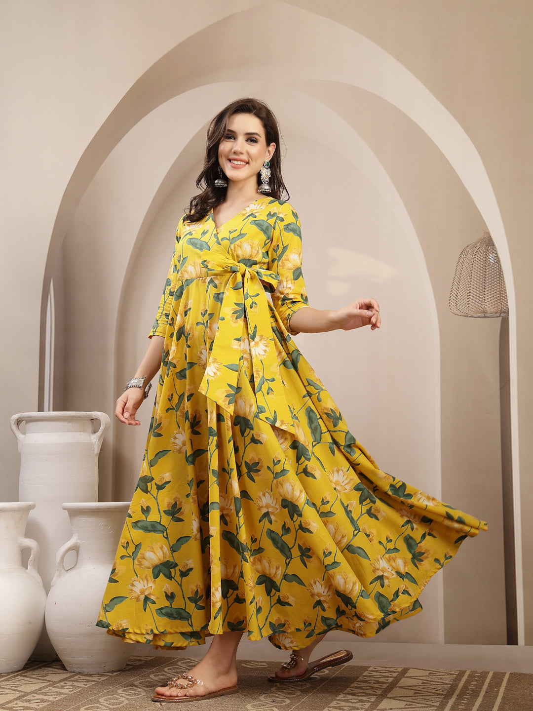 Cotton Calf Length Printed 3/4 Sleeve V-Neck Flared Kurta