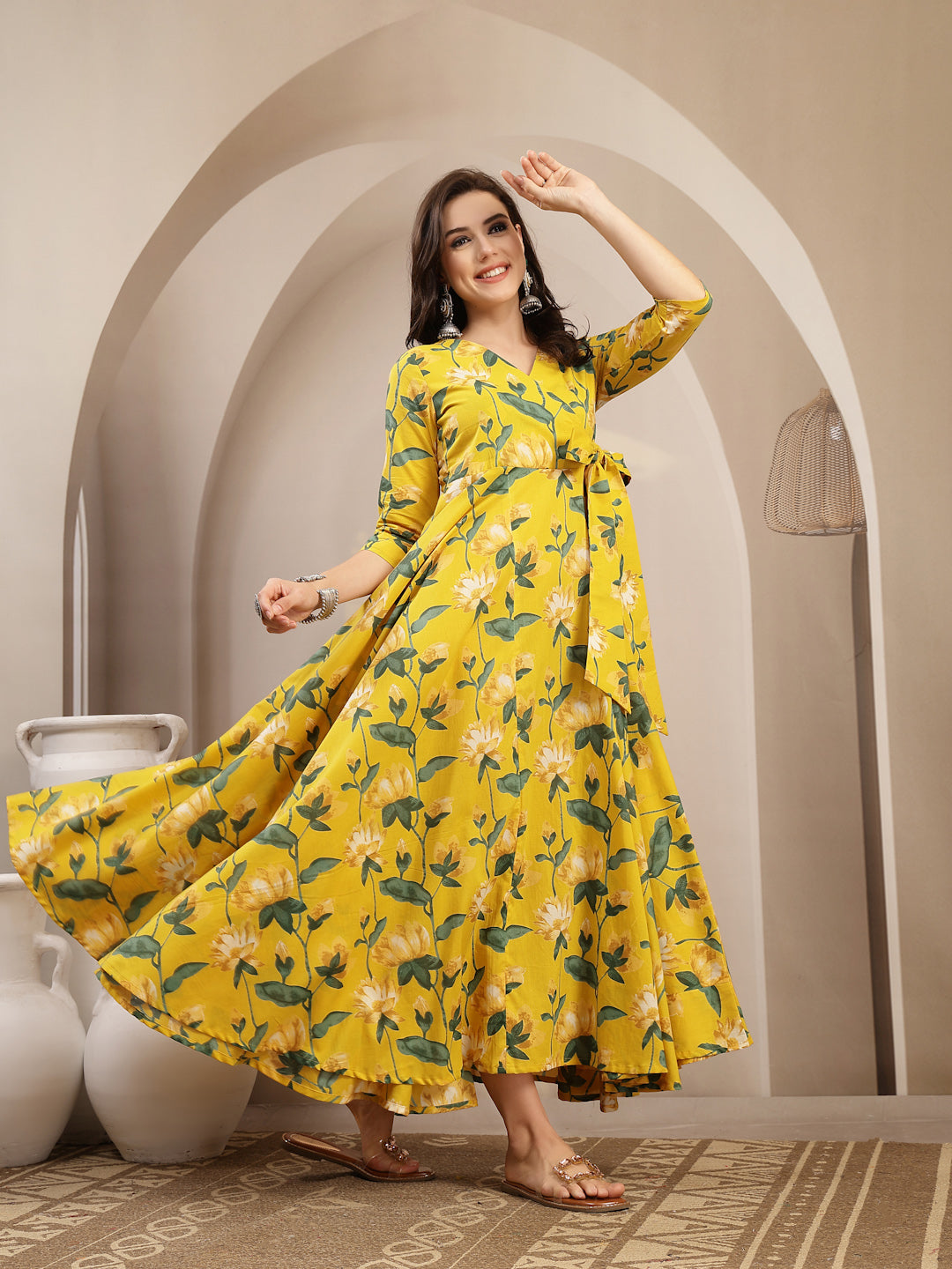 Cotton Calf Length Printed 3/4 Sleeve V-Neck Flared Kurta