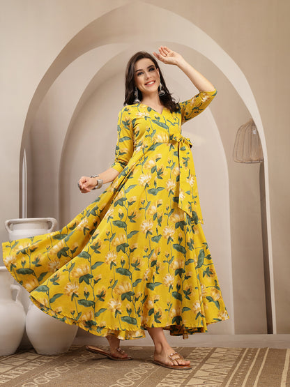 Cotton Calf Length Printed 3/4 Sleeve V-Neck Flared Kurta