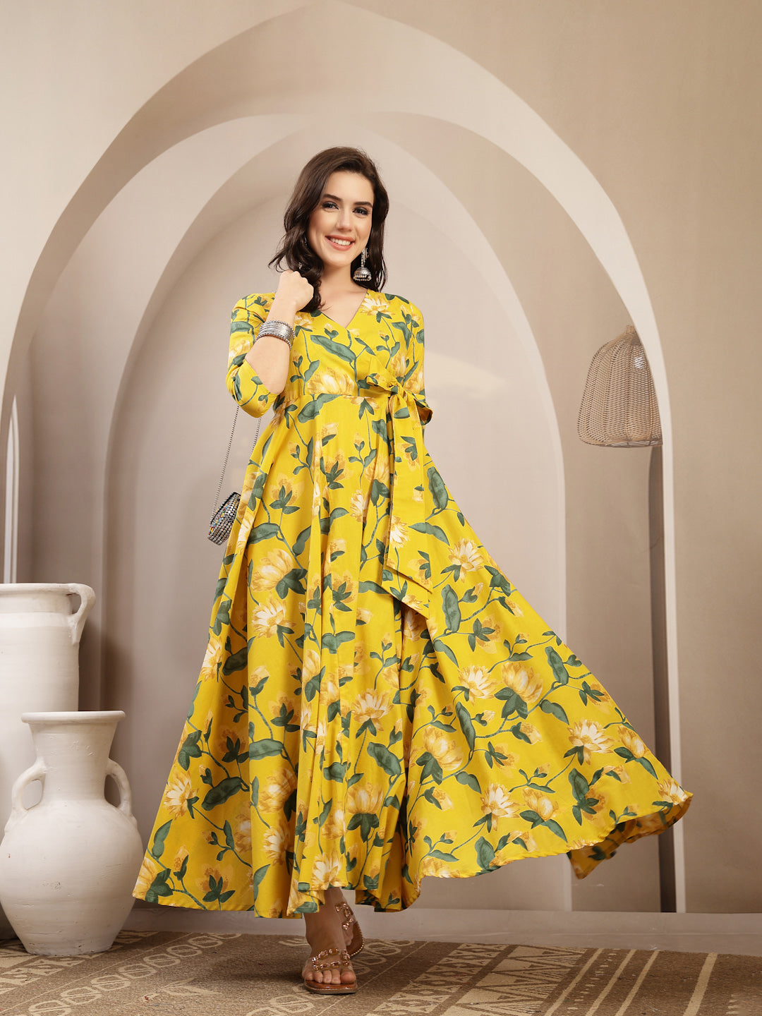 Cotton Calf Length Printed 3/4 Sleeve V-Neck Flared Kurta