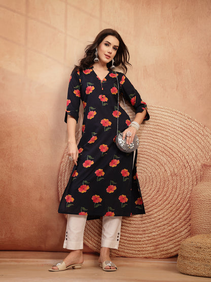 Cotton Calf Length Printed 3/4 Sleeve V-Neck Straight Kurta