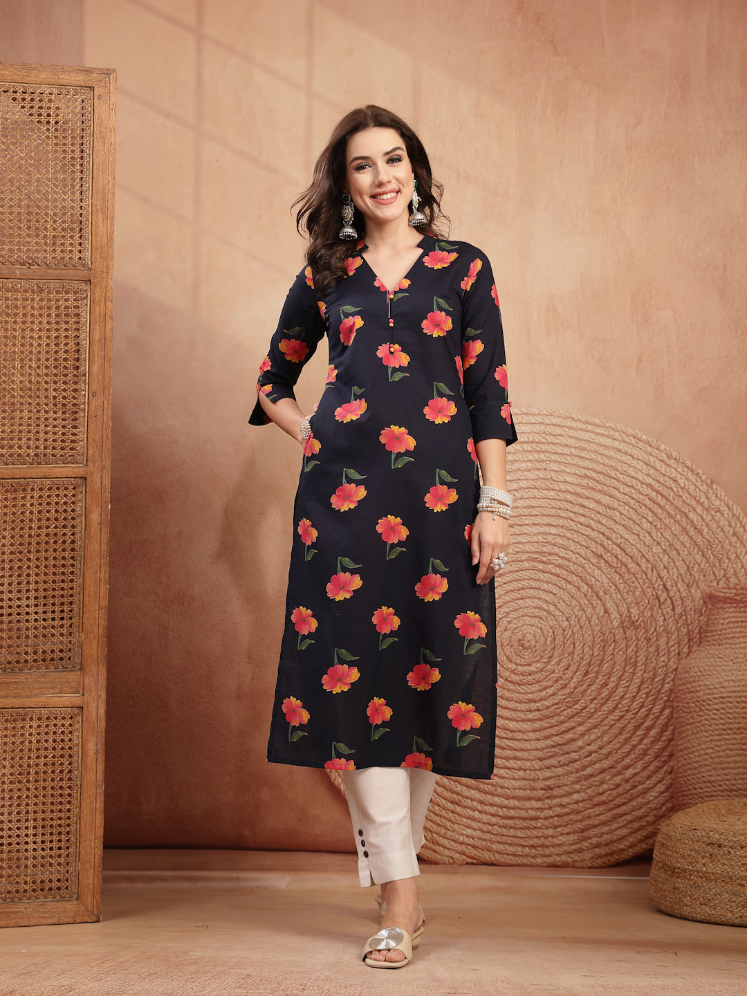 Cotton Calf Length Printed 3/4 Sleeve V-Neck Straight Kurta