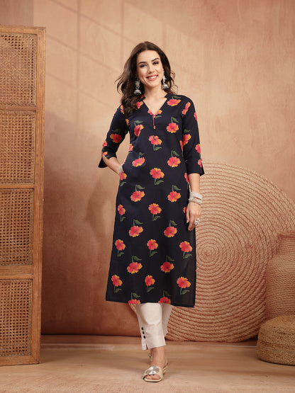 Cotton Calf Length Printed 3/4 Sleeve V-Neck Straight Kurta