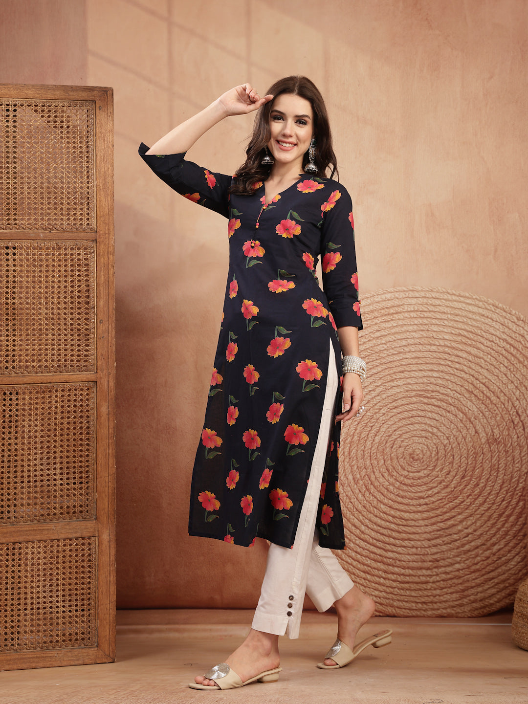 Cotton Calf Length Printed 3/4 Sleeve V-Neck Straight Kurta