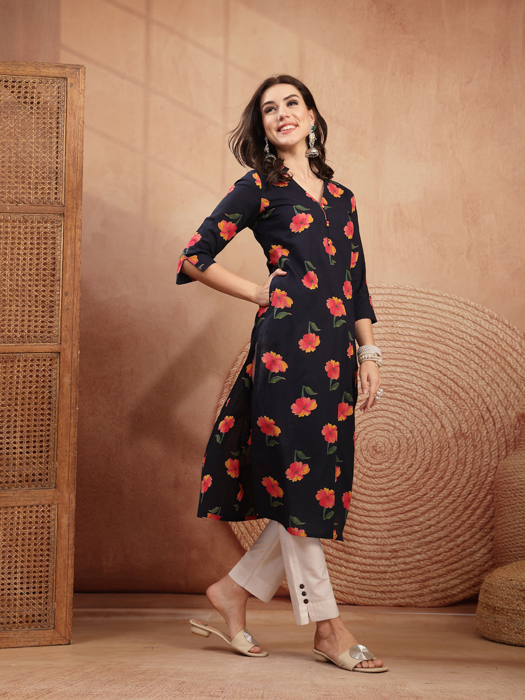 Cotton Calf Length Printed 3/4 Sleeve V-Neck Straight Kurta