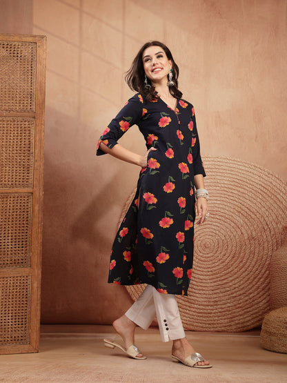 Cotton Calf Length Printed 3/4 Sleeve V-Neck Straight Kurta