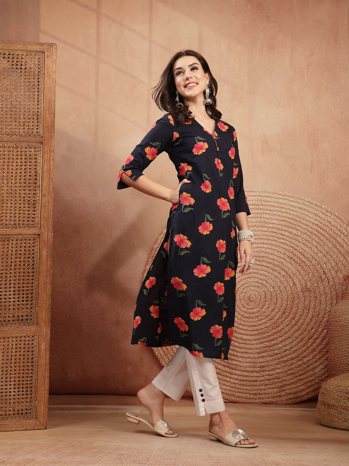 Cotton Calf Length Printed 3/4 Sleeve V-Neck Straight Kurta