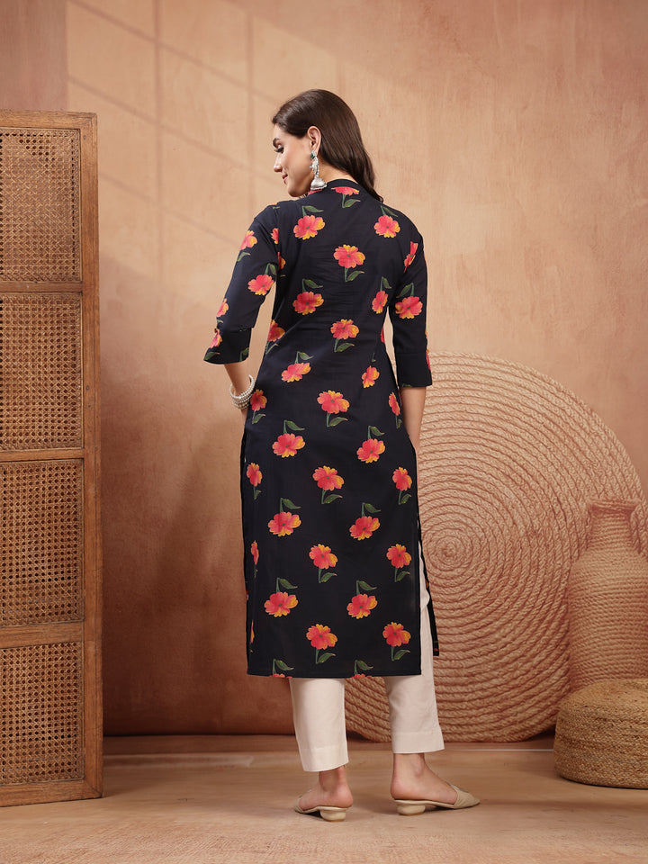 Cotton Calf Length Printed 3/4 Sleeve V-Neck Straight Kurta