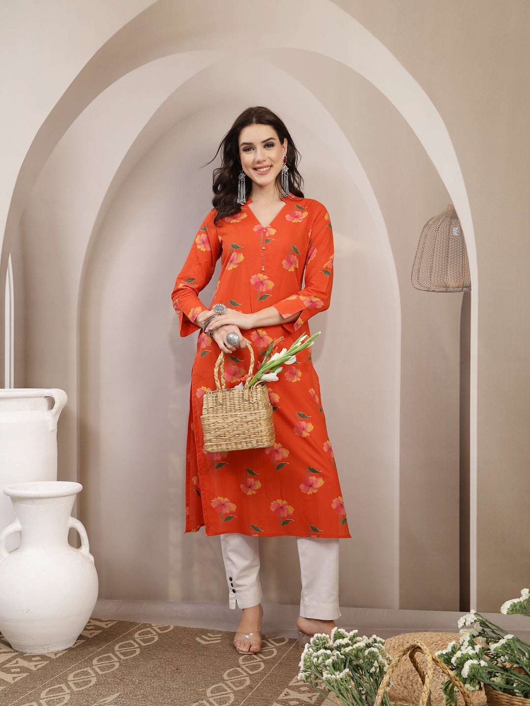 Cotton Calf Length Printed 3/4 Sleeve V-Neck Straight Kurta