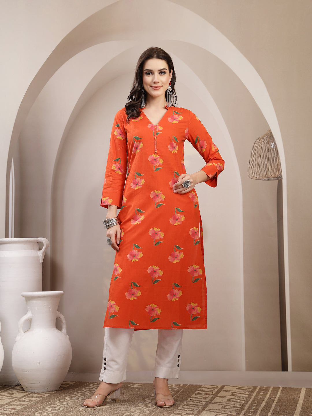 Cotton Calf Length Printed 3/4 Sleeve V-Neck Straight Kurta