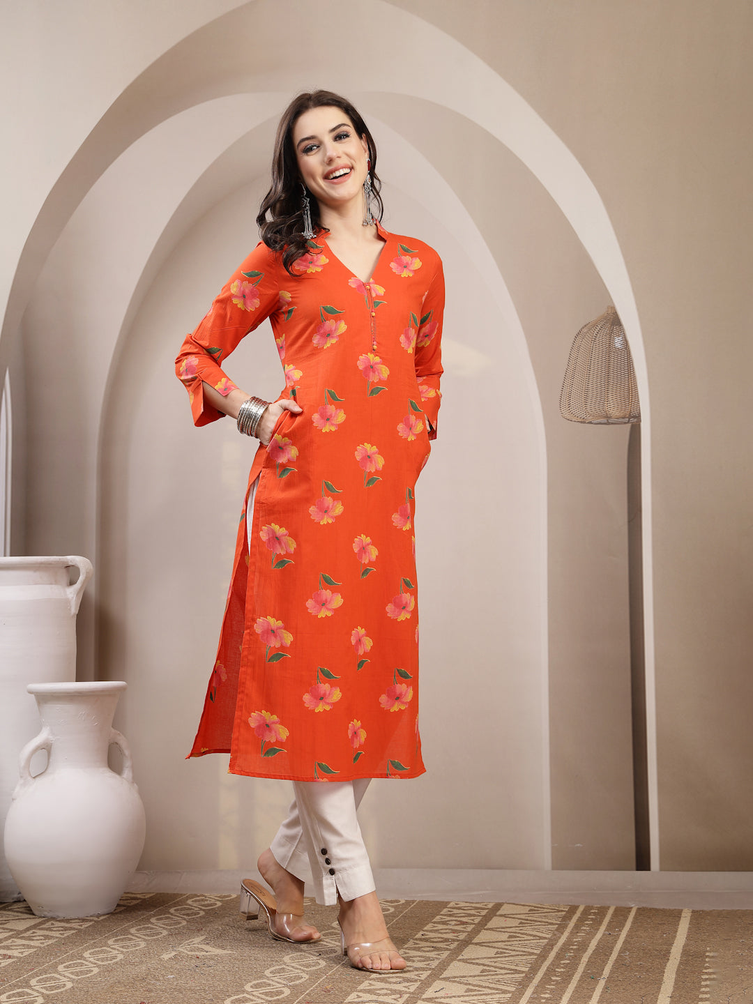 Cotton Calf Length Printed 3/4 Sleeve V-Neck Straight Kurta