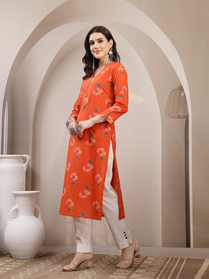 Cotton Calf Length Printed 3/4 Sleeve V-Neck Straight Kurta