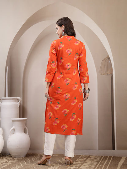 Cotton Calf Length Printed 3/4 Sleeve V-Neck Straight Kurta
