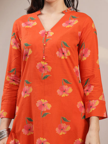 Cotton Calf Length Printed 3/4 Sleeve V-Neck Straight Kurta
