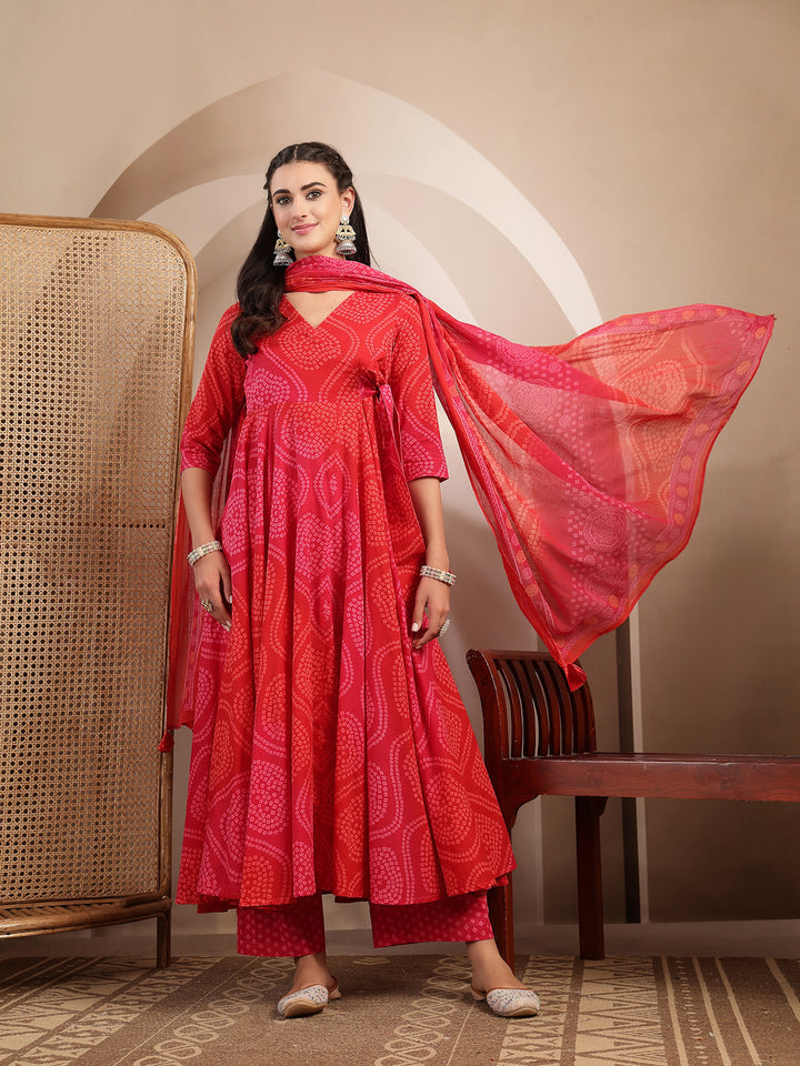 Cotton Calf Length Printed 3/4 Sleeves V-Neck Flared Kurta Suit Set