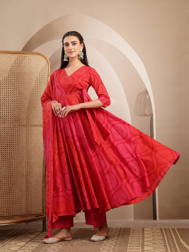 Cotton Calf Length Printed 3/4 Sleeves V-Neck Flared Kurta Suit Set