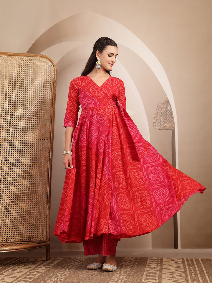 Cotton Calf Length Printed 3/4 Sleeves V-Neck Flared Kurta Suit Set