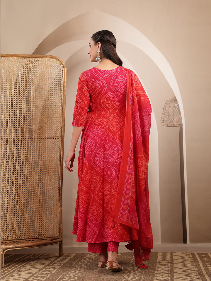 Cotton Calf Length Printed 3/4 Sleeves V-Neck Flared Kurta Suit Set