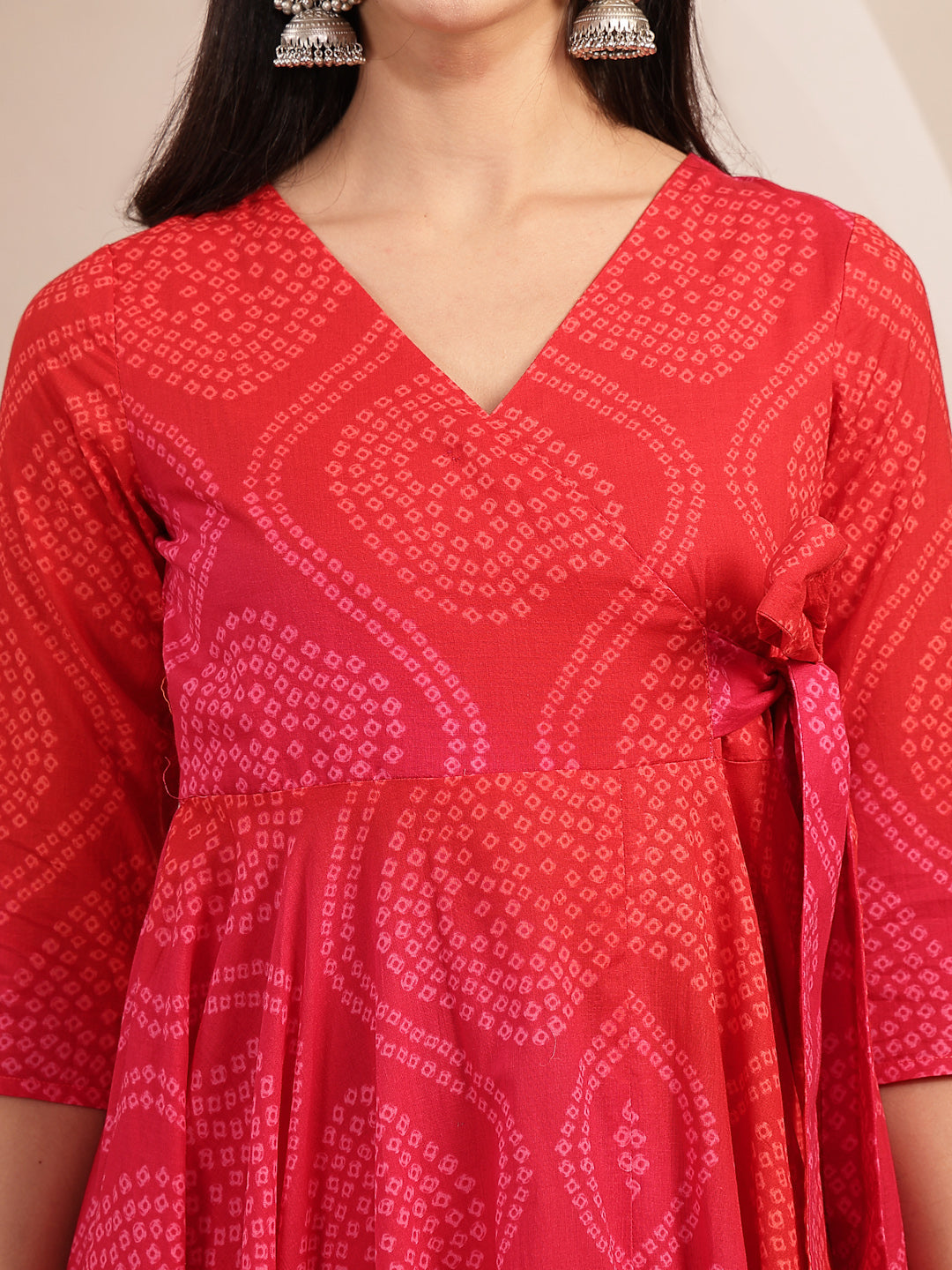 Cotton Calf Length Printed 3/4 Sleeves V-Neck Flared Kurta Suit Set