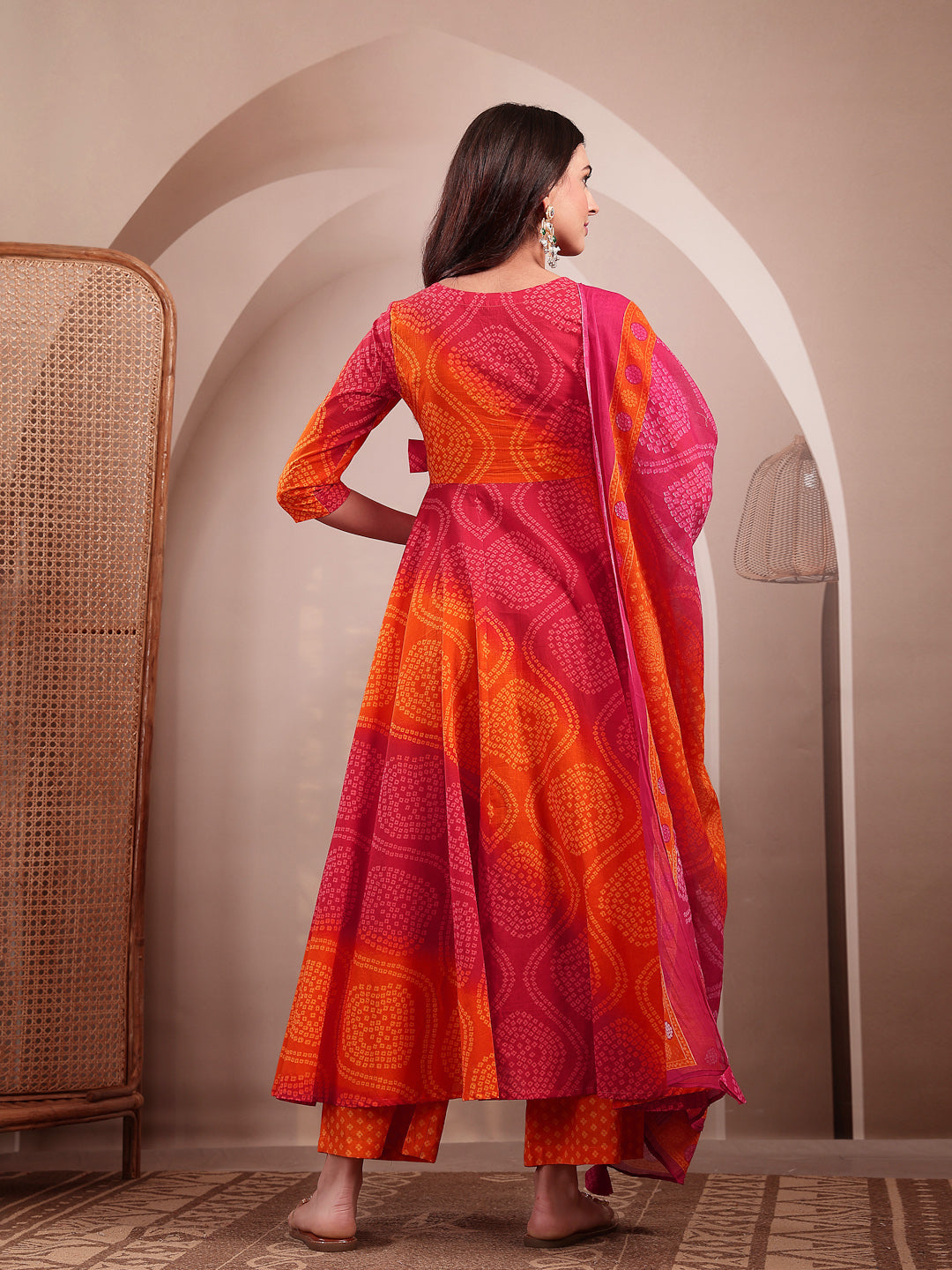 Cotton Calf Length Printed 3/4 Sleeves V-Neck Flared Kurta Suit Set