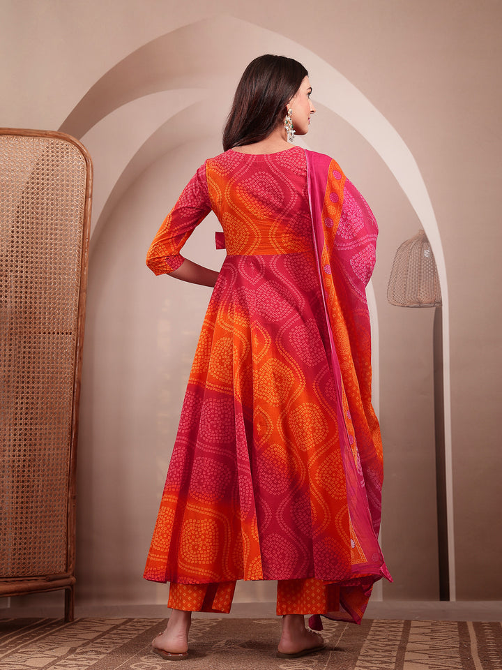 Cotton Calf Length Printed 3/4 Sleeves V-Neck Flared Kurta Suit Set