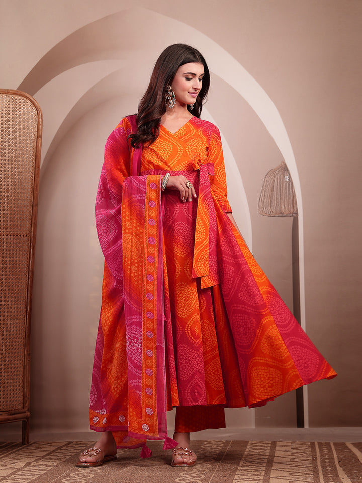Cotton Calf Length Printed 3/4 Sleeves V-Neck Flared Kurta Suit Set