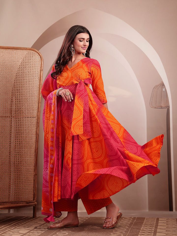 Cotton Calf Length Printed 3/4 Sleeves V-Neck Flared Kurta Suit Set