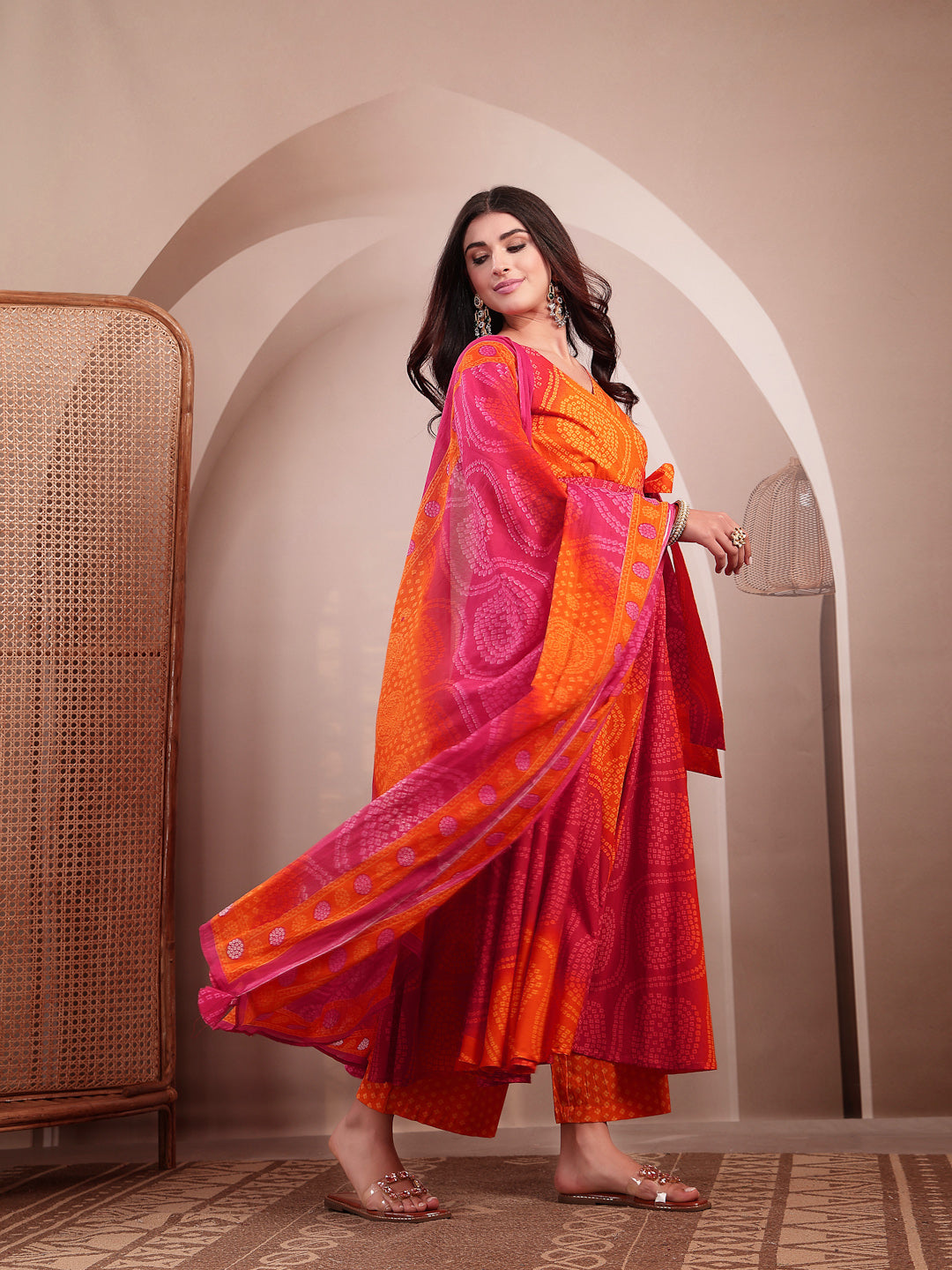 Cotton Calf Length Printed 3/4 Sleeves V-Neck Flared Kurta Suit Set