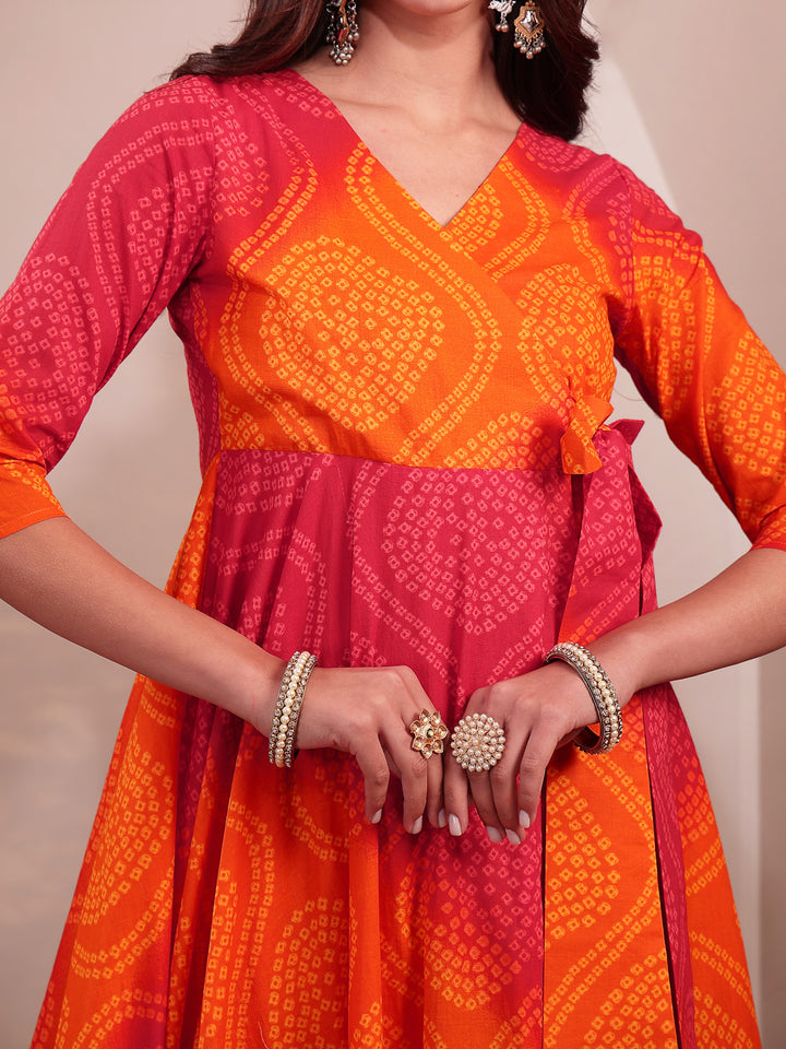 Cotton Calf Length Printed 3/4 Sleeves V-Neck Flared Kurta Suit Set